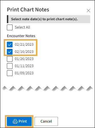 Print Chart notes window with yellow highlight boxes around selected encounter dates and the print button.